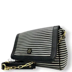 【美品】トリーバーチ Tory Burch ショルダーバッグ クロスボディ 斜め掛け可 チェーン PVC レザー ボーダー ストライプ 黒 白 ブラック ホワイト ゴールド金具 ロゴ ダブルT フラップ レディース お出かけ 旅行 カジュアル かばん s92