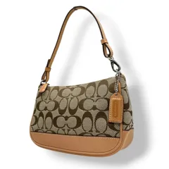 美品 コーチ COACH シグネチャー 6094 ハンドバッグ アクセサリーポーチ ミニバッグ デミバッグ キャンバス レザー 本革 ベージュ ブラウン 茶色 キャメル ワンショルダー 肩掛け コンパクト 軽量 レディース サブバッグ 小物入れ 鞄 s11
