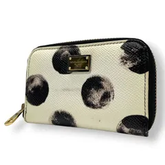 【美品】ドルチェ&ガッバーナ Dolce&Gabbana コインケース 小銭入れ ミニ財布 ラウンドファスナー ドット柄 水玉 PVC レザー アイボリー 白 ブラック 黒 ロゴプレート ゴールド金具 レディース コンパクト w1