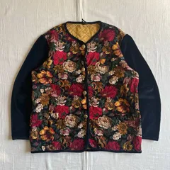 80～90s　vintage　ヴィンテージ古着　PALMERS　パーマーズ　ベロア袖　コットンキルティング生地　異素材切り替え　丸首カーディガン　ジャケット　マルチフラワー　花柄　金ボタン　レトロ　個性派　velour × quilting cardigan