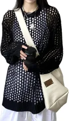 babester ベイブスター レディース サマーニット セーター メッシュ プルオーバー 長袖 ゆったり 透かし編み トップス 透け感 シースルー ブラウス カジュアル 夏 ネット 水着 B606 (ブラック,  Free Size)