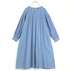 サマンサモスモス★小花柄刺繍 胸元切替 ロングコットンワンピース サイズF 青系 z18018