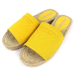 極美品△PRADA プラダ 1XX619 トライアングルロゴ キャンバス エスパドリーユ フラットサンダル イエロー 37 保存袋付き レディース オススメ◎