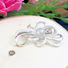 あこや真珠 8mm デザイン ブローチ シルバー お花のブローチ ピンブローチ