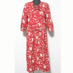 美品 PINK HOUSE ピンクハウス フラワープリント リボン 七分袖 ロングワンピース レッド レディース 古着 中古 USED