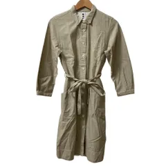 美品 MHL. MARGARET HOWELL エムエイチエル マーガレットハウエル ポケット付き 長袖 ひざ丈 シャツワンピース サイズ2 ベージュ レディース 古着 中古 USED