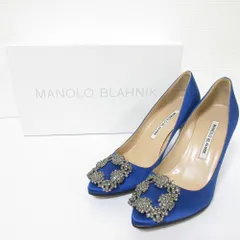 美品 MANOLO BLAHNIK マノロブラニク ハンギシ サテン スクエア ビジューバックル パンプス サイズ34 約21cm ブルー レディース 古着 中古 USED
