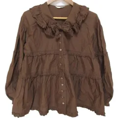 美品 PINK HOUSE ピンクハウス フリルカラー 長袖 ピコフリル リボン シャツ ブラウス ブラウン レディース 古着 中古 USED