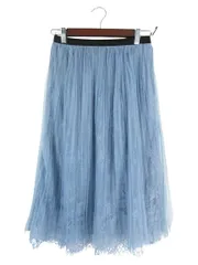 アフタヌーンティー Afternoon Tea スカート ウエスト ゴム レース ミモレ丈 刺繍 花柄 プリーツ ブルー サイズMR QQQ