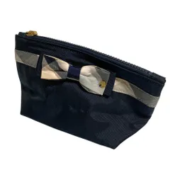 新品同様 BLUE LABEL CRESTBRIDGE ブルーレーベルクレストブリッジ チェックリボン ジップポーチ 小物入れ ネイビー レディース 古着 中古 USED