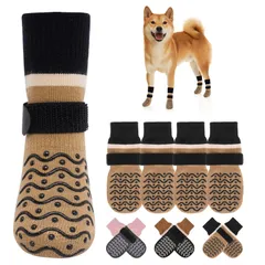 BEAUTYZOO 犬 靴下 滑り止め 4枚セット  ペット用靴下 足カバー マジックテープ付き 脱げない 足舐め防止 肉球保護 室内用・屋外用 防寒 暑い路面 寒い地面 転倒防止 防滑ソックス 介護 サポート シニア犬 老犬 小型犬 中型犬 おしゃれ 可