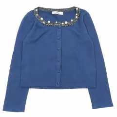 新品同様 13AW Rene ルネ カーディガン ブレンドコットン ニット ラウンドネック 長袖 ショート丈 パールビーズ チェーン セーター 36 青 レディース 古着 中古 USED