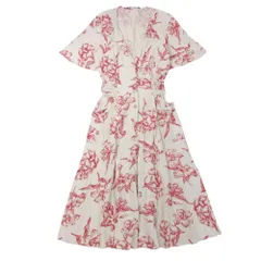 美品 ZARA ザラ リネン混 花柄 ロング ワンピース ドレス Vネック フレアスリーブ マキシ丈 リボン 総柄 S ベージュ×赤 レディース 古着 中古 USED