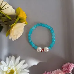 ハンドメイドビーズブレスレット／ターコイズ×パール×レッド／17cm／レディース