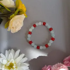 ハンドメイドビーズブレスレット／ライトブルー×レッド×ホワイト／16cm／レディース