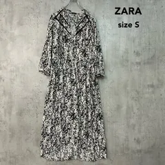 美品 ZARA ザラ チュニックワンピース ロングワンピース レオパード柄 総柄 ティアード アニマル柄 ヒョウ柄 七分袖 Vネック 膝下丈 ミモレ丈 Aライン カジュアル ドレス ブラック ホワイト 黒 白 Sサイズ 9878/071/070/S ★ ■◆