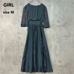 美品 GIRL ガール レース＆シフォンプリーツロングフレア結婚式パーティードレス 二次会 謝恩会 披露宴 お呼ばれ 発表会 演奏会 七分袖 クルーネック ウエストマーク バックファスナー ブルー系 Mサイズ 100%ポリエステル fu-576 ★ ■■
