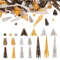 Beadthoven ビーズキャップ タッセル用 水晶用 花座 円錐形 透かし彫り アンティーク調 チベット風 約450個入り 5種類 アイアン製 座金 留め金具 かんざしパーツ アクセサリー材料 ジュエリー用 手芸クラフト用 DIY ハンドメイド イヤリング