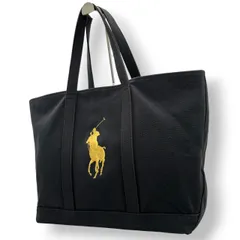 【美品】ポロ ラルフローレン トートバッグ キャンバス ブラック 黒 ゴールド ビッグロゴ デカロゴ A4サイズ収納可能 肩掛け可能 ワンショルダー 自立可 大容量 ビジネス 通勤 通学 カジュアル ヴィンテージ ビンテージ クラシック エレガント U16