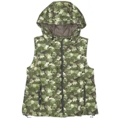 新品同様 D/him ディーヒム ノースリーブ フーディー ジャケット 中綿 ベスト 刺繍 ジップアップ 迷彩 カモフラージュ柄 48 緑 グリーン メンズ 古着 中古 USED