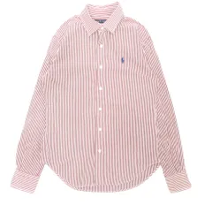 RALPH LAUREN ラルフローレン ストライプ ブロード シャツ ブラウス カットソー 長袖 ロゴ ポニー 刺繍 7 赤 レッド レディース 古着 中古 USED