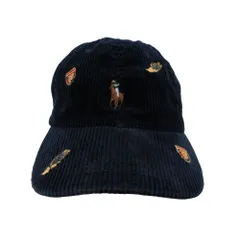 良品 POLO RALPH LAUREN ポロ ラルフローレン ポニーロゴ マルチ刺繍 コーデュロイ キャップ 帽子 牛革 紺 ネイビー 茶 ブラウン メンズ レディース 古着 中古 USED
