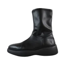 美品 UNIQLO：C ユニクロ シー ストレッチ ショートブーツ サイドジップ スクエアトゥ 靴 シューズ 24.5 黒 ブラック レディース 古着 中古 USED