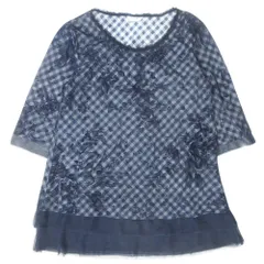 美品 INGEBORG インゲボルグ フレア ミニ ワンピース チュニック チェック 花柄 五分袖 P0244FBY101 サイズ3 紺 ネイビー レディース 古着 中古 USED