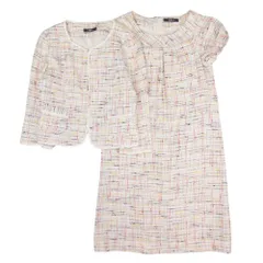 美品 MISS J ミスジェイ ミックスツイード ワンピーススーツ セットアップ ノーカラージャケット 膝丈ワンピース 40/38 オフホワイト  レディース 古着 中古 USED