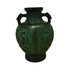 X02234 花瓶 孔雀 花模様 ダークグリーン 青銅器風 彫刻 インテリア 花器 花入れ