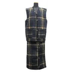 新品同様 hareiro ハレイロ チェック柄 セットアップ ベスト タイト スカート サイドスリット フリンジ L ネイビー系 レディース 古着 中古 USED