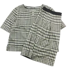 美品 23区 オンワード樫山 ウール 総柄 セットアップ カットソー フレア スカート 半袖 ひざ丈 大きいサイズ ブラック系 レディース 古着 中古 USED