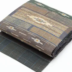 洒落袋帯 紬地 手織り 刺し子 横段 絣文様 アースカラー 正絹