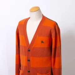 バーバリー ブラックレーベル BURBERRY BLACK LABEL ボーダー ニットカーディガン 刺繍ロゴ オレンジ×ブラウン×カーキ 3 メンズ ウール100％ ユニセックス USED