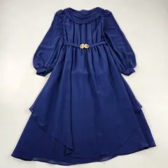 ヴィンテージ ワンピース レトロ vintage ギャザー ベルト ティアード ロング 長袖 紺 9号 M L相当