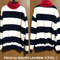 ダボッとLサイズ！POLO by RALPH LAUREN ポロラルフローレン 古着ボーダースウェット タートルネック ハイネック 白×ネイビー×赤 アメカジ古着  大きめL、小穴小シミ有り→要サイズ状態確認！