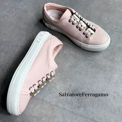 極美品 SalvatoreFerragamo サルヴァトーレフェラガモ NADINE ヴァラリボン スニーカー ピンク シャンパンゴールド金具 8C レディースシューズ 25cm