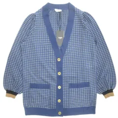 未使用 FENDI フェンディ シルク ニット カーディガン 羽織 パフスリーブ チェック柄 ロゴ ボタン サイズ40 青 ブルー レディース 古着 中古 USED