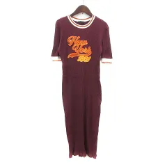 ザラ ZARA ワンピース ひざ丈 刺繍 五分袖 リブ M 赤紫 ボルドー /MN