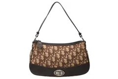 Christian Dior クリスチャンディオール トロッター ワンショルダーバッグ ベージュ ブラウン コットンキャンバス レザー シルバー金具 美品 中古 4b012731