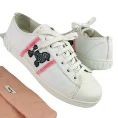 良品★miumiu・ミュウミュウ・レディース レザー クリスタルビジュー付き パイル地ライン エンボス加工ブランドロゴ スニーカー (37) イタリア製 ブランド レディーススニーカー カジュアルシューズ 春靴 ホワイト