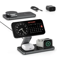 ★KEEPRO ワイヤレス充電器 3in1 折り畳み式 Magsafe充電器 同時に3つのデバイス充電 15W/10W/7.5W マルチ充電スタンド マグセーフ充·電器 マグネット式 【20W PD3.0アダプター付属】ブラック