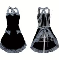 未開封 チェック ribbon ブラック フリル エプロン