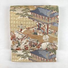美品】正絹 平安絵巻 袋帯 雅な御所車と人物文様 金銀糸織り出し 