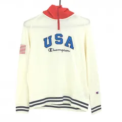 【美品】チャンピオン フード付き長袖Tシャツ 白×レッド フード薄中綿 フロントロゴ パーカー レディース MEDIUM ゴルフウェア Champion