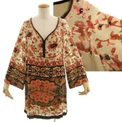 グレースコンチネンタル GRACE CONTINENTAL ベロア シルク ワンピース チュニック 0412 1371 長袖 フレアスリーブ ひざ丈 シルク100％ 総柄 ベージュ ブラウン 茶 ピンク ネイビー 紺 36