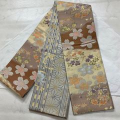 グレー✨花柄刺繍金糸✨名古屋帯 - メルカリ