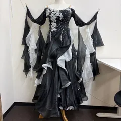 社交ダンス衣装 ワンピース ドレス フリル ラインストーン スパンコール 黒 ブラック