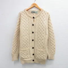 L/古着 長袖 アラン フィッシャーマン ケーブル ニット カーディガン メンズ 90年代 90s ウール アイルランド製 生成り 26jan05