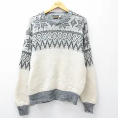 L/古着 長袖 ノルディック セーター メンズ 80年代 80s 雪柄 ウール クルーネック グレー他 26jan05